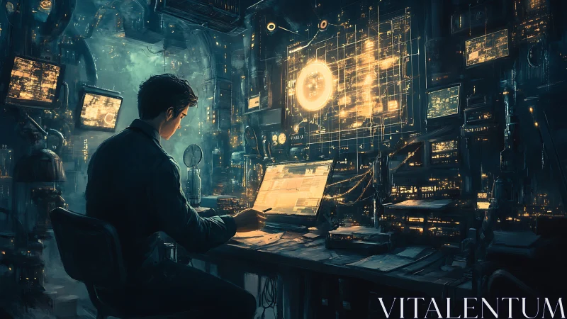 Cyberpunk analyst monitors neon data streams in a dark lab.