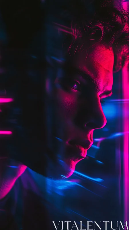 Neon magenta cyan side portrait in shallow depth cyberpunk glow