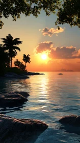 Sunset hush over palm-framed lagoon and glowing tidepool mirror.