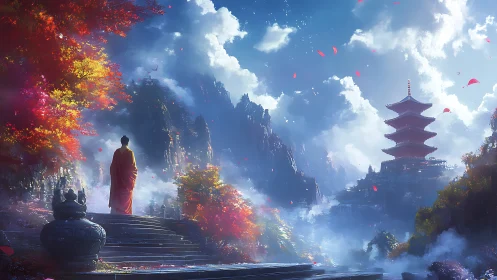 Monk on stone stairway surveys misty pagoda in luminous valley