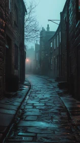 Foggy wet cobblestone alley with historic stone terraces at dusk