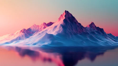 Neon-lit mountains rise over glassy waters at pastel dawn