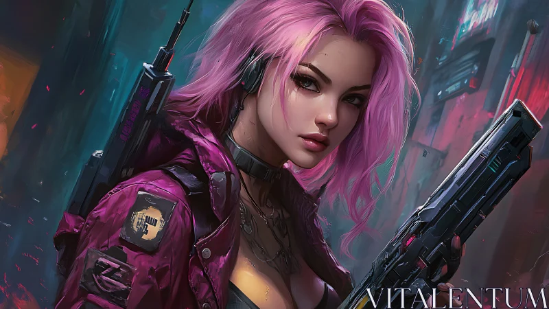 Neon-haired cyberpunk operative with rifle in rain-soaked alley.