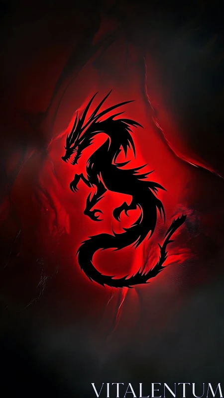 Black dragon silhouette over glowing red abstract background.