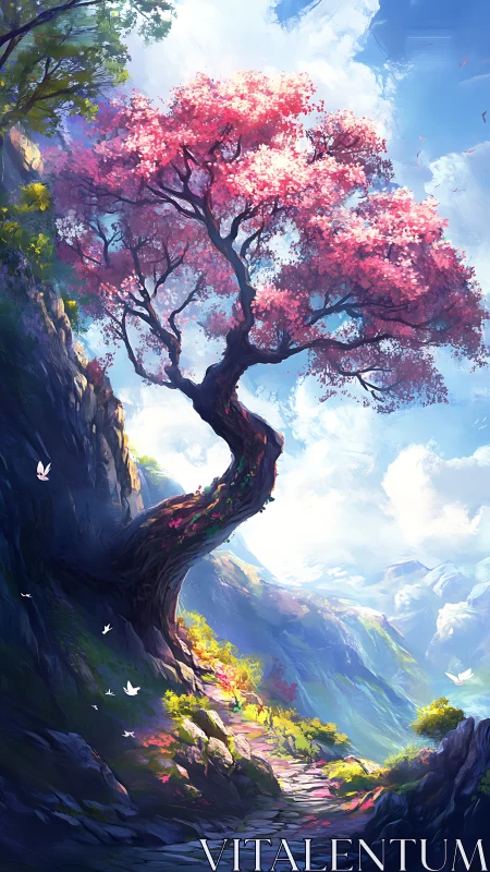 Digital painting of a flowering mountainside path and twisted tree.