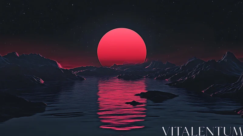 Neon horizon seascape with crimson sun and dark ridgelines.