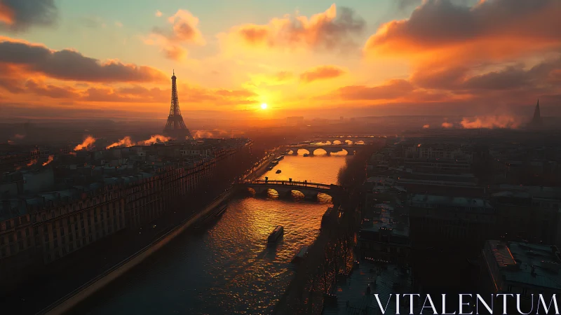 Sunset stitches firelit seams across Parisian winter skies