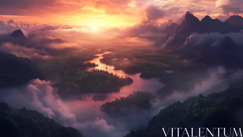 Sunlit river valley with misted jungle mountains at dawn.