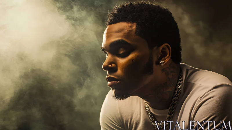 Pensive young man in smoky studio with dramatic side light