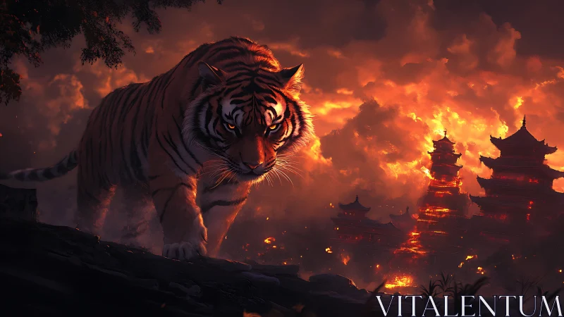 Ember-eyed tiger prowls above burning temple kingdom at dusk.