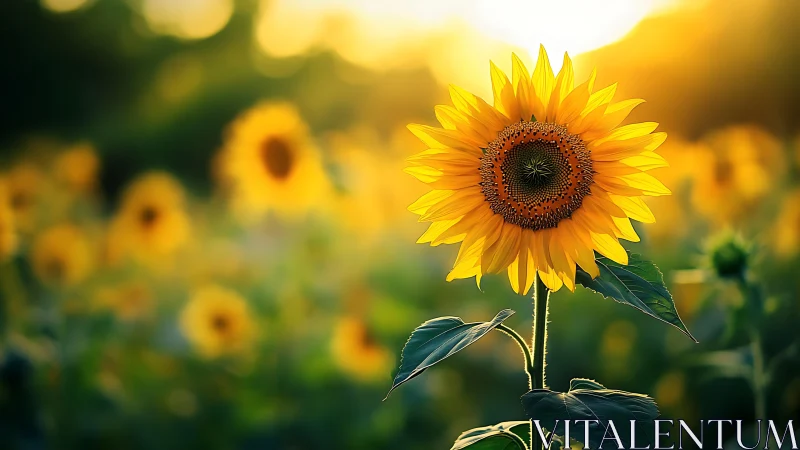 Photorealistic sunflower portrait in golden backlit field.