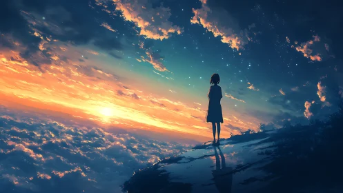 Silhouetted figure observes luminous sunset horizon in anime style
