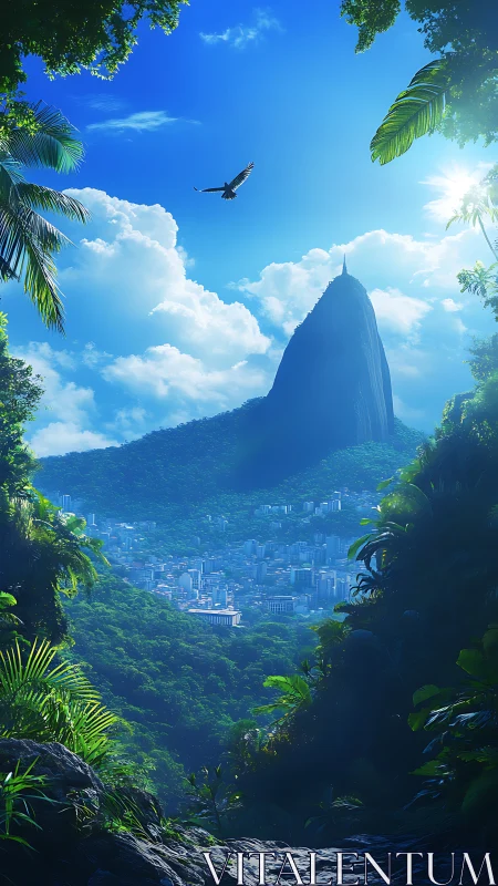 Tropical cityscape framed by forested valley and peak.