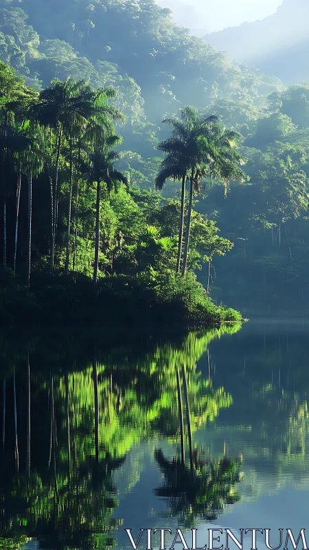 Tropical lakeside forest with palm trees and reflections.