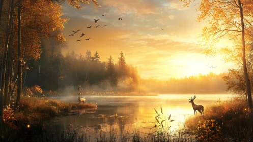 Deer stand by calm autumn lake under bright sunrise glow.