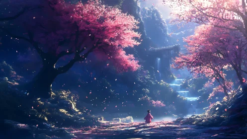 Blossom-lit path to a secret waterfall sanctuary at dusk.