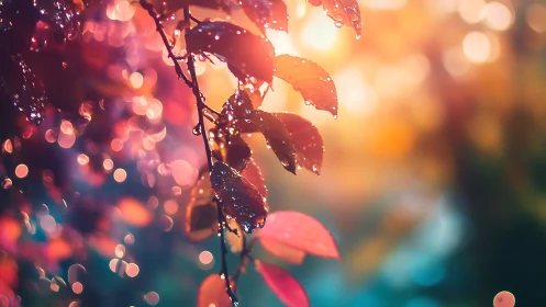 Backlit dewy leaves glow against dreamy autumn bokeh.