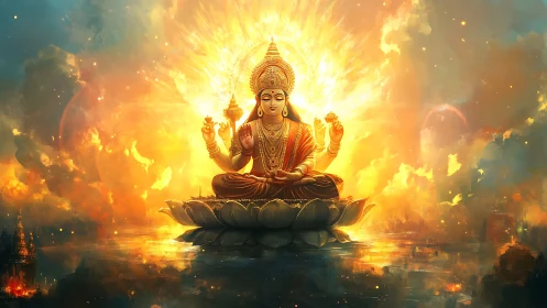 Radiant lotus deity in celestial golden aura composition.