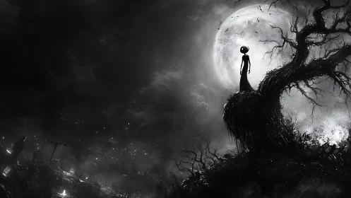 Moonlit watcher on a haunted hill of twisted shadows.