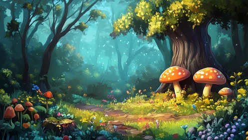 Enchanted Forest Glade with Glowing Mushrooms and Ancient Trees.