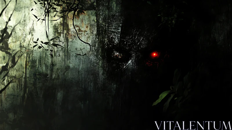 Menacing red-eyed face emerging from dark forest wall.