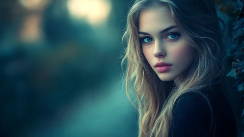 Dreamy teal portrait captures a gaze in soft evening light