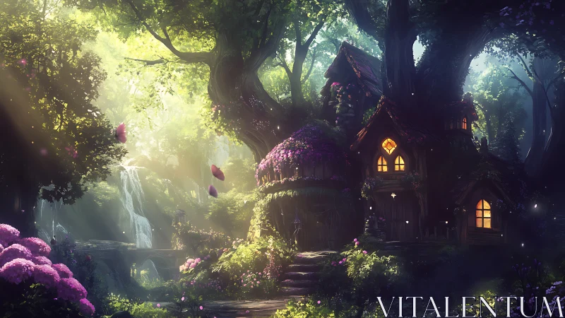 Enchanted woodland cottage with bioluminescent flora and waterfall