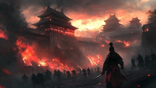 Samurai army storms burning fortress under red dusk sky.