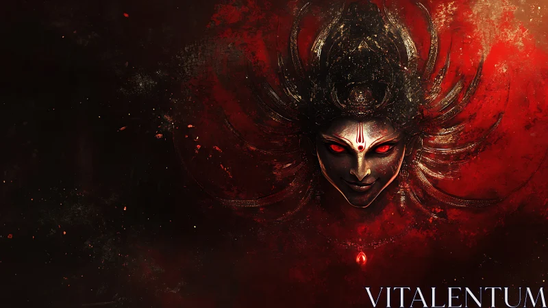 Fiery goddess visage emerges from darkness with burning power