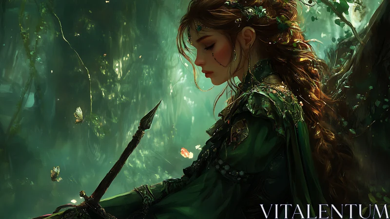 Forest warrior maiden rendered with high-detail fantasy lighting