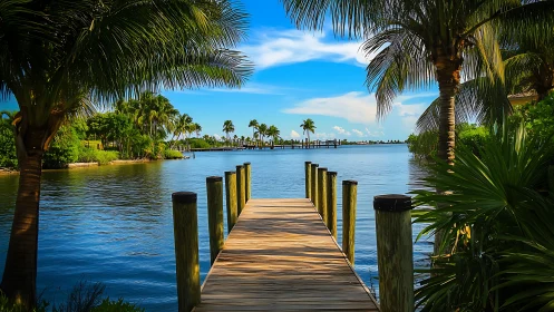 Wooden Dock Extending Into Tranquil Blue Waterway with Palm Trees