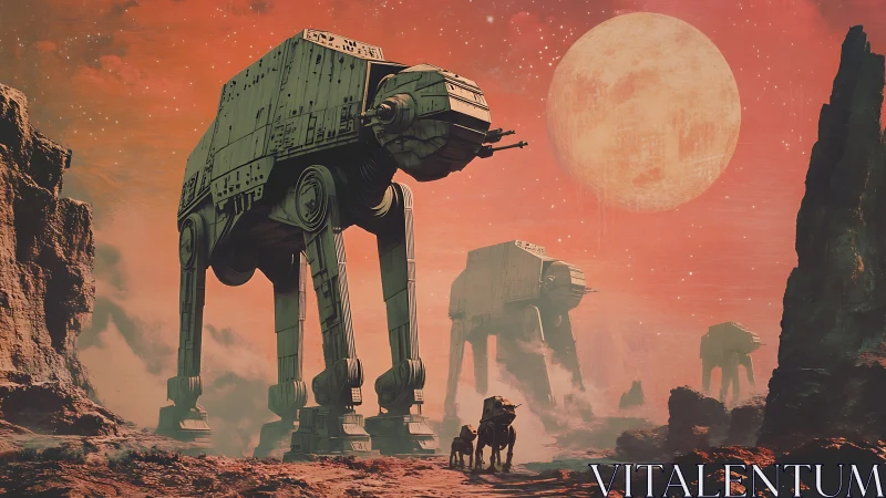 Colossal walkers crossing red alien canyon under full moon.