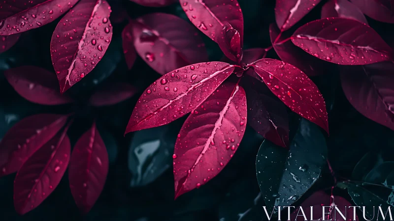 Macro view of rain-soaked crimson foliage with dark teal bokeh