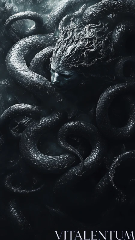 Serpentine tendrils envelop a stone visage in high contrast monochrome