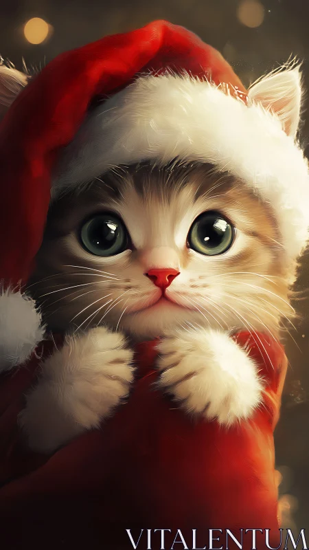 Cute kitten in red Santa hat with bright festive eyes.