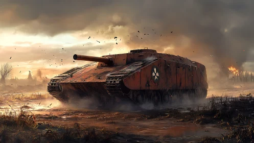 Armored assault tank advances through cinematic war-torn marsh