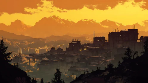Golden mountain sunset settles over a quiet futuristic city