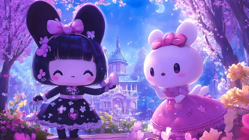 Cute bunny characters in pastel spring fantasy garden.