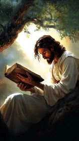 Contemplative robed figure studies ancient book under dappled light