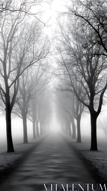 Fog-shrouded winter avenue extends into white horizon.