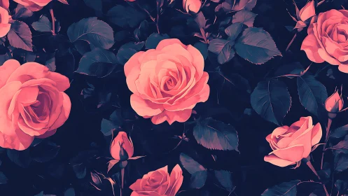 Pink rose flowers arranged against dark blue background.