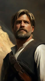 Sunlit wanderer studies distant horizons with quiet resolve