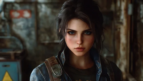 Determined wasteland survivor stands in gritty industrial light