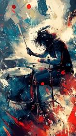 Drummer drives explosive rhythm amid abstract color storm