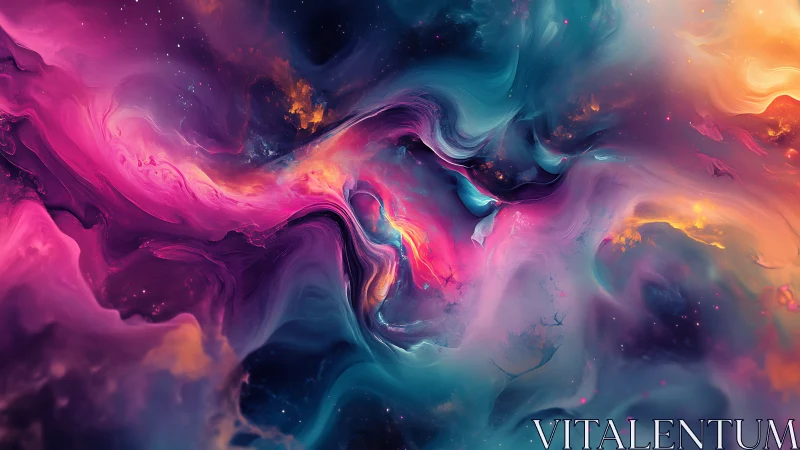 Nebula-like fluid color clouds form swirling cosmic shapes