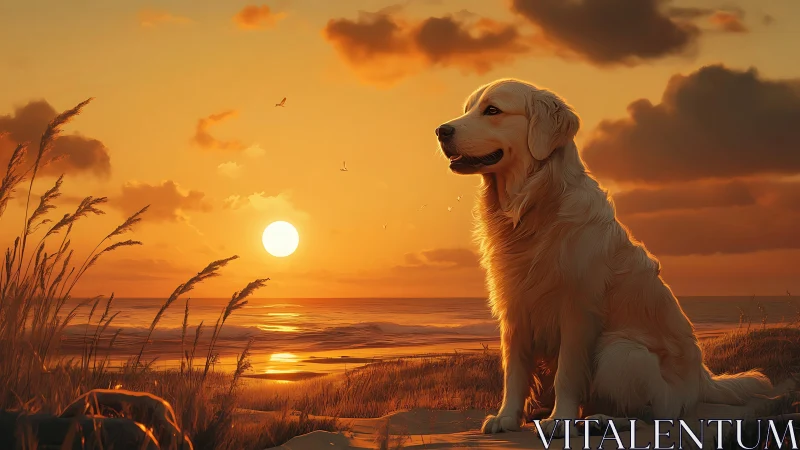Golden retriever in luminous sunset seascape repose.