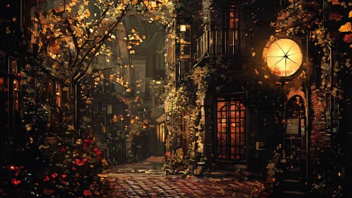 Narrow courtyard shows warm lamplight on ivy covered buildings