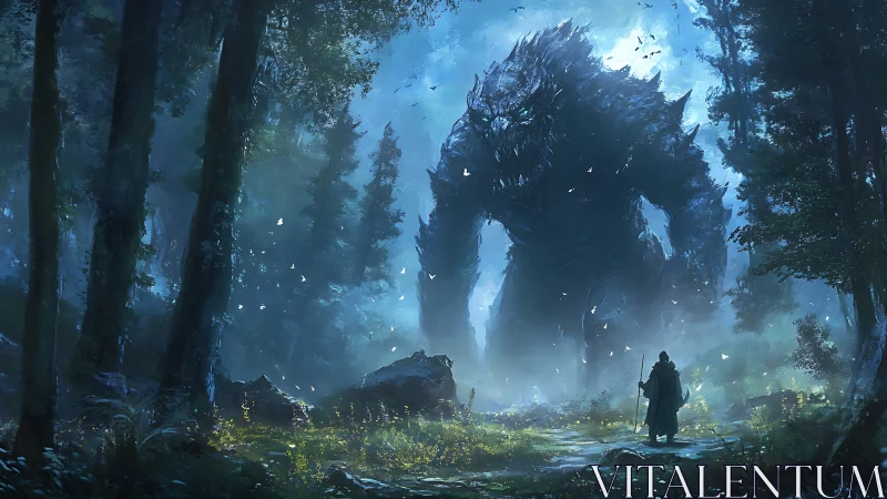 Forest colossus confronts lone wanderer in moonstruck mist.