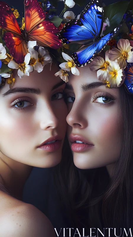 Twin muses framed by vivid butterflies and blooming florals.
