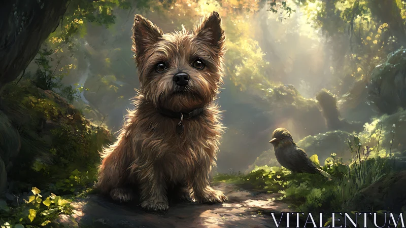 Small terrier dog and bird in sunlit forest clearing scene.